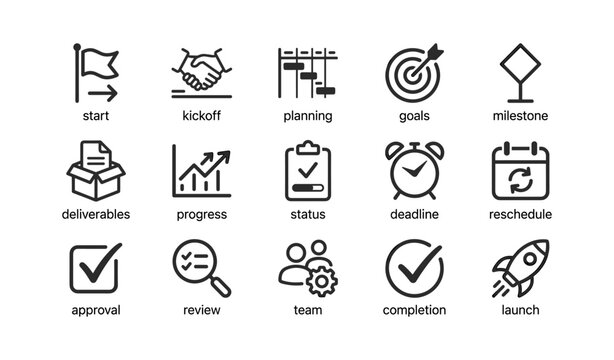 Project management icons showing tasks, milestones and progress