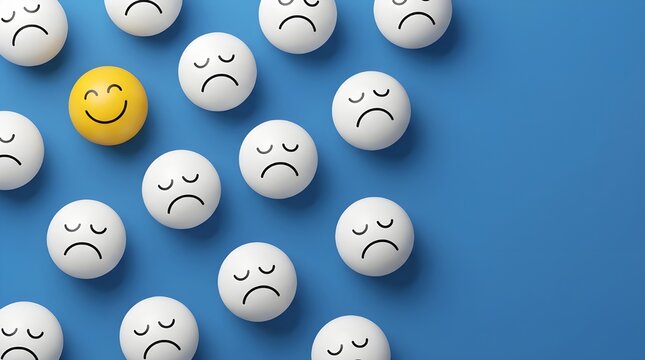 Yellow happy face ball among white sad face balls on blue background, concept of optimism and mental health, unique smiling emoji standing out