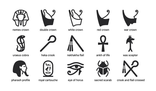 Ancient egyptian royal symbols showing crowns, crook and ankh