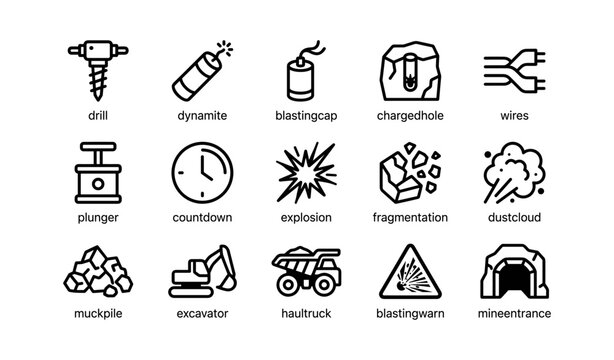 Mining tools and blasting equipment icons on white background