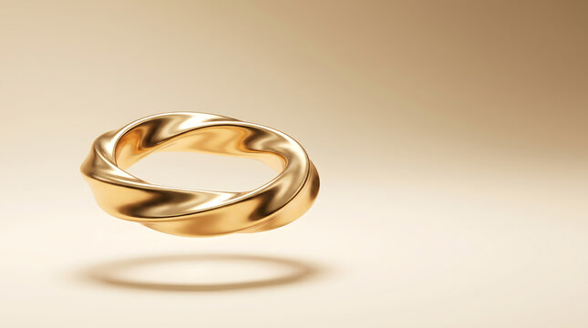 Minimalist golden ring abstract 3d shape floating on soft beige background.