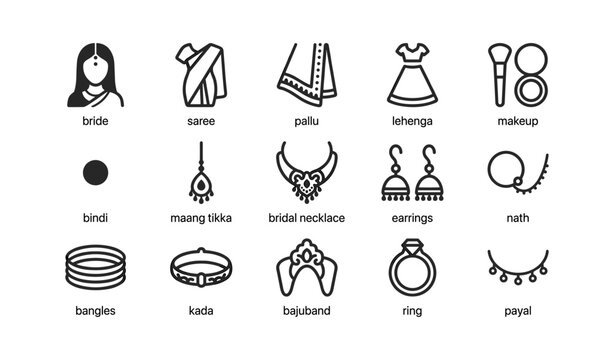 Indian bridal icons showing attire jewelry and accessories layout