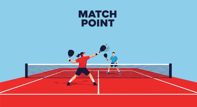 Conceptual Illustration of a Padle Tennis Game with Players at The Match Point Scene