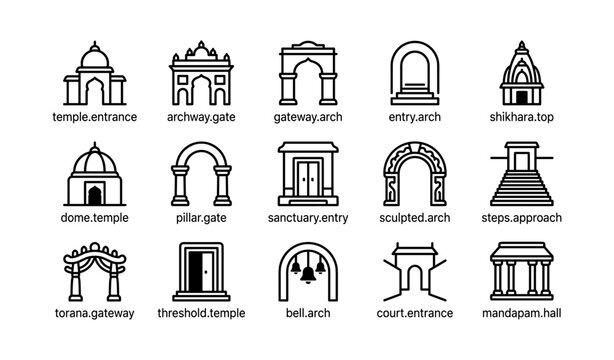 Temple and gateway icons of arches and entrances on white background