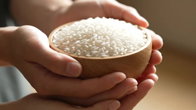 Hands gently holding a wooden bowl filled with uncooked white rice, showcasing a staple food ingredient
