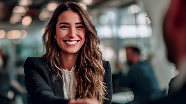 Female diversity. Human rights, equal opportunity concept. A portrait of a woman with long, wavy brown hair, wearing a black blazer and white blouse, smiles widely, revealing her teeth.