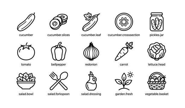 Vegetable and salad icons grid showing cucumber tomato and lettuce