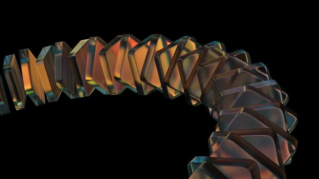 Abstract geometric animation with rotating colorful glass shapes on a black background, 4k looping video, 3d render