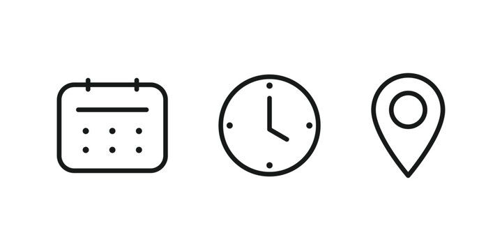 Date, time, location address icon set. Clock, calendar, and location icon. Date and address details for navigation symbol.