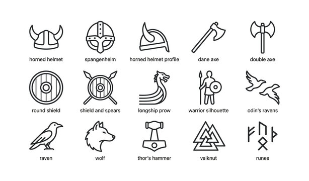 Norse weapons and symbols displayed in grid on white background