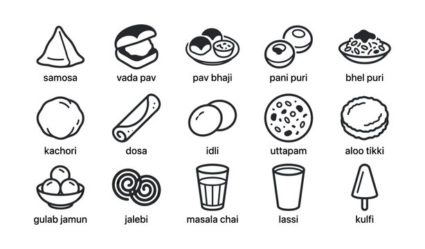 Indian street food icons arranged in grid on white background