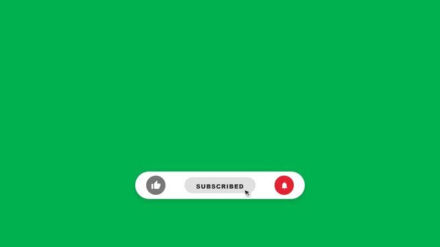 Subscribe button animation with mouse pointer clicking the notification bell on a green screen, ideal for digital video editing and channel promotion.