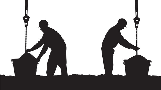 Silhouette of Two Construction Workers Lifting Heavy Buckets with Chains and Hooks on White Background For Industrial Concepts