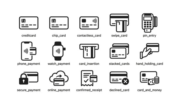 Payment and card icons displayed in grid on white background