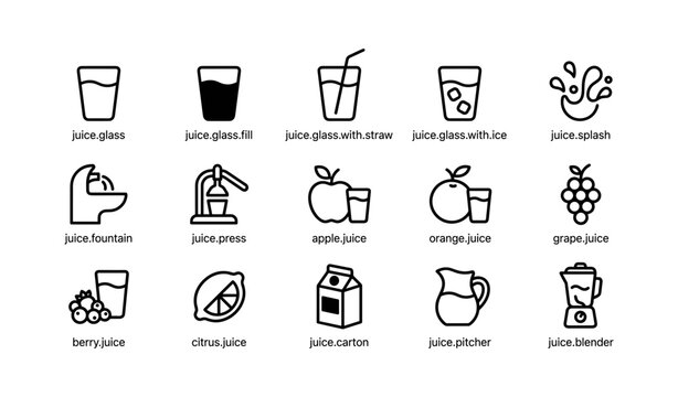 Juice and beverage icons arranged in grid on white background