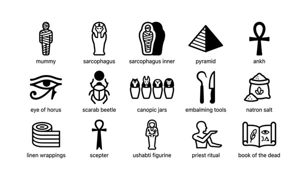 Ancient egypt icons depicting mummies artifacts and symbols