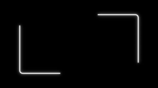 Neon frame corners glowing white against a black background, minimalist digital interface element with abstract light border and copy space for design projects