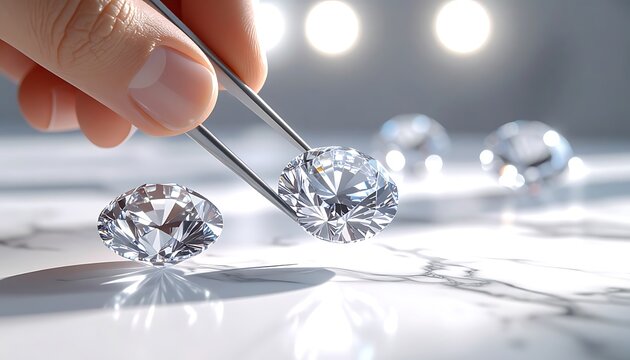 Hand using tweezers to select a brilliant cut diamond, sparkling gems arranged on a marble surface, luxury and wealth concept