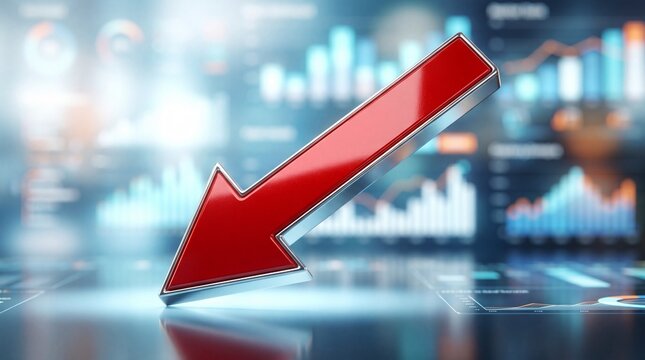 3D render of a red arrow pointing downwards over a background of defocused business analytic graph. Concept of economic recession, financial crisis, stock market crash and investment loss.