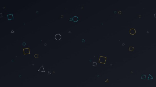 Geometric shapes background with abstract scattered minimalist outlines creating a modern digital dark pattern for technology and design concepts.