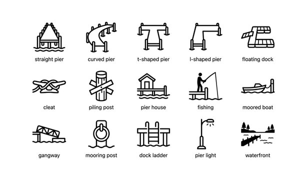 Pier and dock illustration set showing pier types and accessories