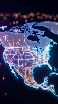 A vibrant depiction of the United States of America map illuminated by blue light from below, showcasing major cities and states as glowing spots.