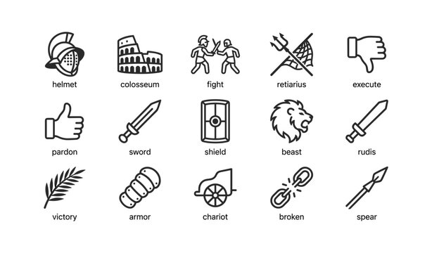 Roman gladiator icons and symbols arranged in grid on white