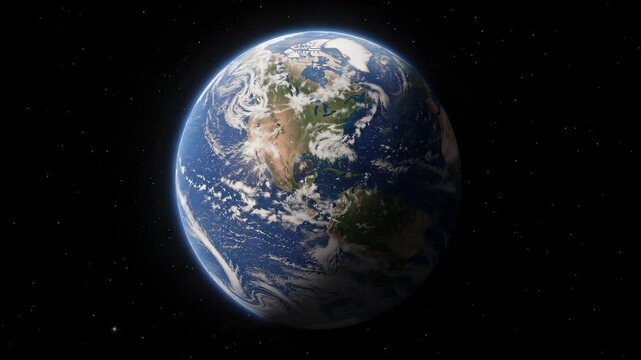 Digital artwork showing a detailed of Earth as seen from outer space with clouds and land masses.