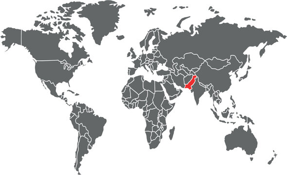 Pakistan Highlighted on World Map with Country Borders Vector 