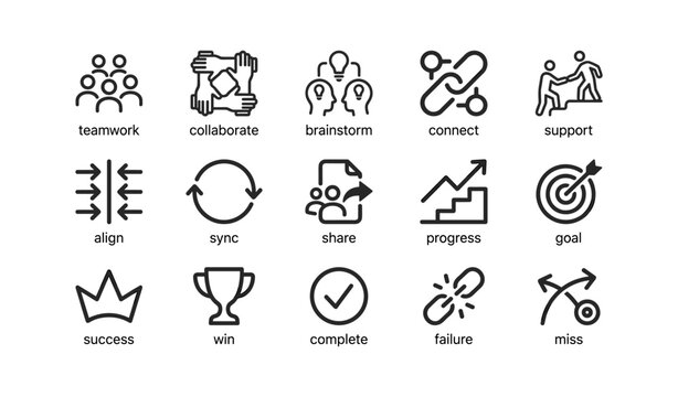 Teamwork and progress icons set shown on white background