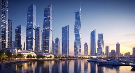 Naklejka premium Modern city skyline with skyscrapers at sunset