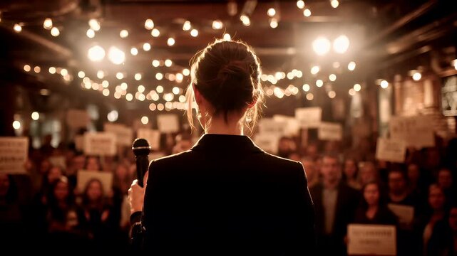 Female diversity. Human rights, equal opportunity concept. A candid photograph captures a woman speaking into a microphone at a public event.