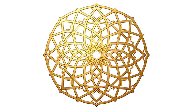 Intricate golden circular geometric pattern, a symmetrical mandala design with radiating lines and complex shapes, perfect for decorative elements or spiritual concepts