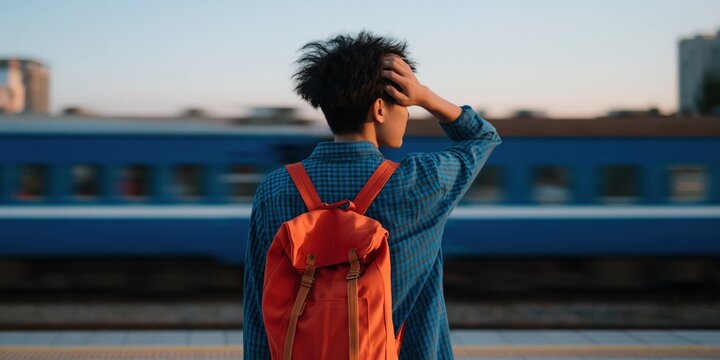 Young person waiting beside passing train at station platform