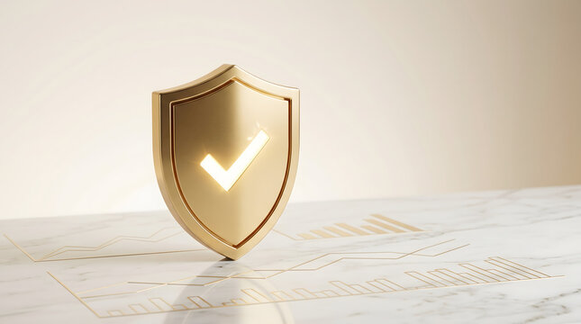 Golden shield with checkmark standing on marble table with graphs.