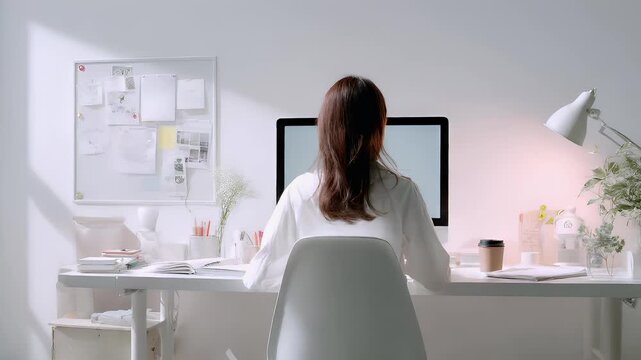 Female diversity. Human rights, equal opportunity concept. A woman sits at a white desk, facing away from the camera. She wears a white blouse and her long brown hair flows down her back.