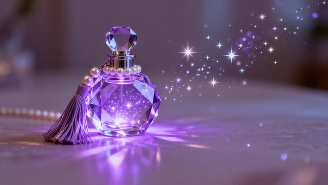 Purple perfume bottle with sparkling light