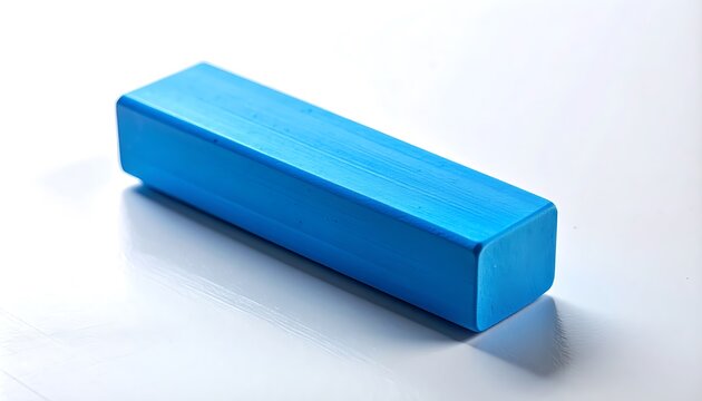 Isolated blue rectangular prism with textured surface and beveled edges on a reflective white surface, simple geometric shape