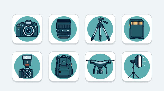 Photography Equipment Icons Set Featuring Cameras Lenses Tripods and Lighting.