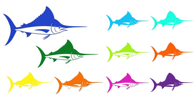 Colorful Marlin Fish Silhouettes Collection, Vector Graphics, Marine Life