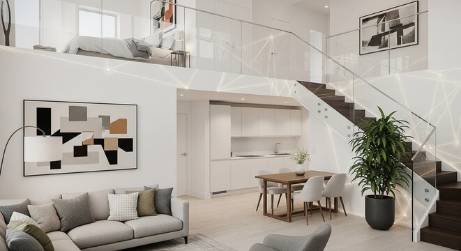 Modern duplex apartment interior with open plan living kitchen dining and mezzanine bedroom
