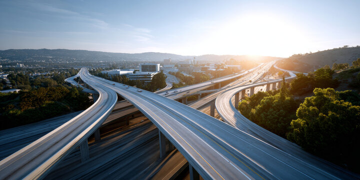 Aerial view of empty multi-lane highway interchange with overpasses and ramps surrounded by trees and hills during sunrise