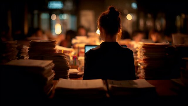 Female diversity. Human rights, equal opportunity concept. A silhouette of a person seated at a table, facing away from the viewer, with their back to the viewer.