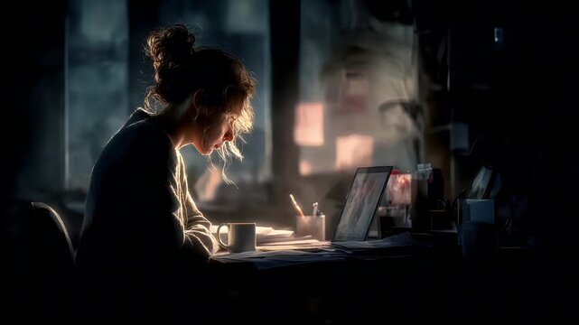 Female diversity. Human rights, equal opportunity concept. A moody, atmospheric portrayal of a woman seated at a cluttered desk, illuminated by a soft, warm light source.