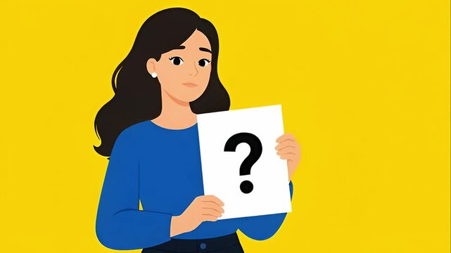 Animated young woman holding a question mark sign against a yellow background for problem-solving concept and asking questions