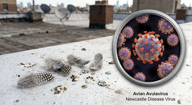 Newcastle disease virus particles on a rooftop surface with visible bird droppings and scattered feathers, representing poultry disease transmission