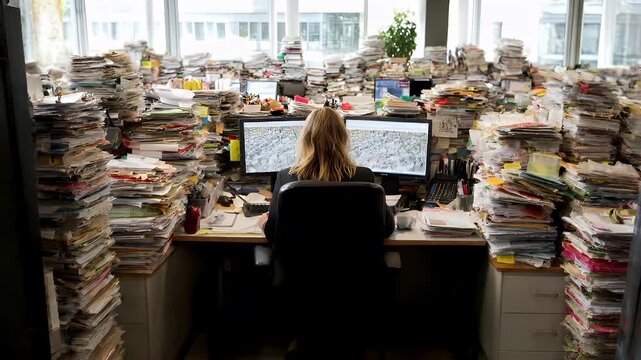 Female diversity. Human rights, equal opportunity concept. A vivid portrayal of a cluttered office. The main subject is a woman seated at a desk, her back to the viewer.