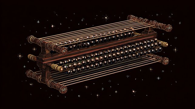 A futuristic abacus with metallic beads suspended in space
