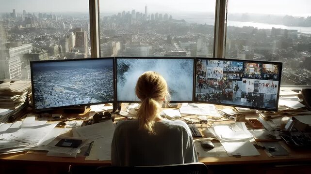 Female diversity. Human rights, equal opportunity concept. A woman sits at a desk in front of three computer monitors, intently watching a video conference. The room is cluttered with papers, books.