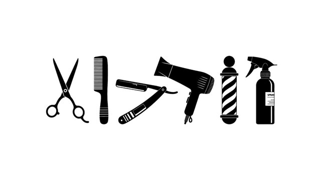 Essential tools for professional hairstyling and barbering presented in a clean, graphic arrangement.